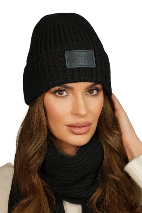 Leticia czapka damska Kamea zimowa, prążkowany splot, z bawełnianą podszewką, z kaszmirem i wiskozą, rozmiar uniwersalny 54–60 cm, kolor czarny