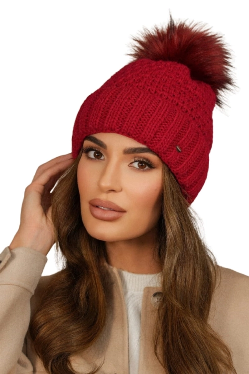 Furja Z Eco Pomponem czapka damska Kamea zimowa, z polarową podszewką, rozmiar uniwersalny 54–60 cm, kolor czerwony