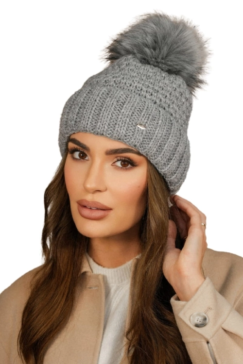 Furja Z Eco Pomponem czapka damska Kamea zimowa, z polarową podszewką, rozmiar uniwersalny 54–60 cm, kolor szary