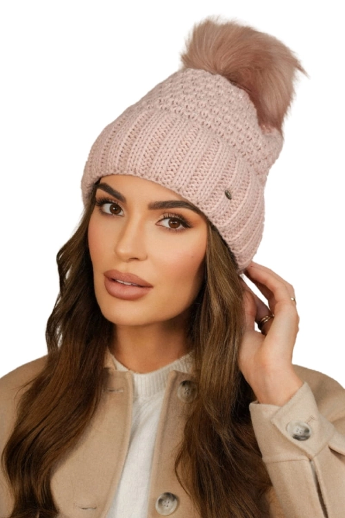 Furja Z Eco Pomponem czapka damska Kamea zimowa, z polarową podszewką, rozmiar uniwersalny 54–60 cm, kolor różowy
