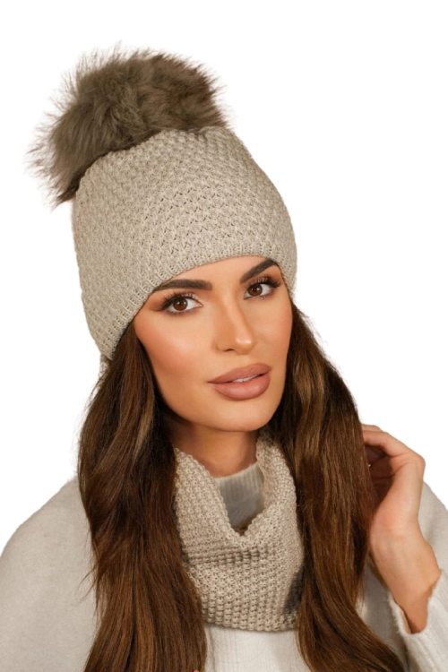 Rubbi-Komplet damski: czapka i komin Kamea zimowy, z wełną, ósemka 70 × 19 cm, kolor beżowy