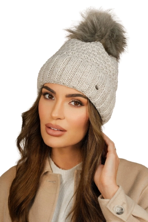 Furja Z Eco Pomponem czapka damska Kamea zimowa, z polarową podszewką, rozmiar uniwersalny 54–60 cm, kolor beżowy