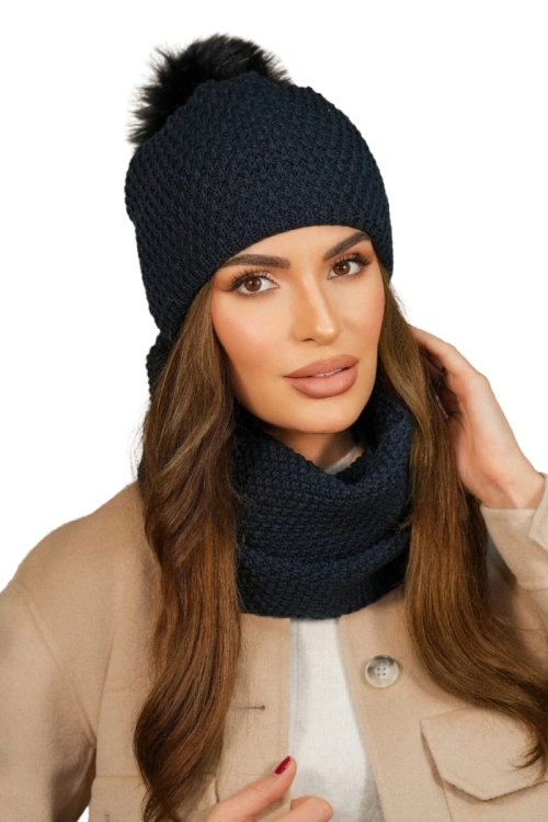 Rubbi-Komplet damski: czapka i komin Kamea zimowy, z wełną, ósemka 70 × 19 cm, kolor granatowy