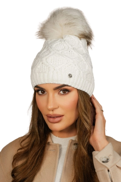 Lamis czapka damska Kamea zimowa, z pomponem, z polarową podszewką, z wełną, rozmiar uniwersalny 54–60 cm, kolor ekru