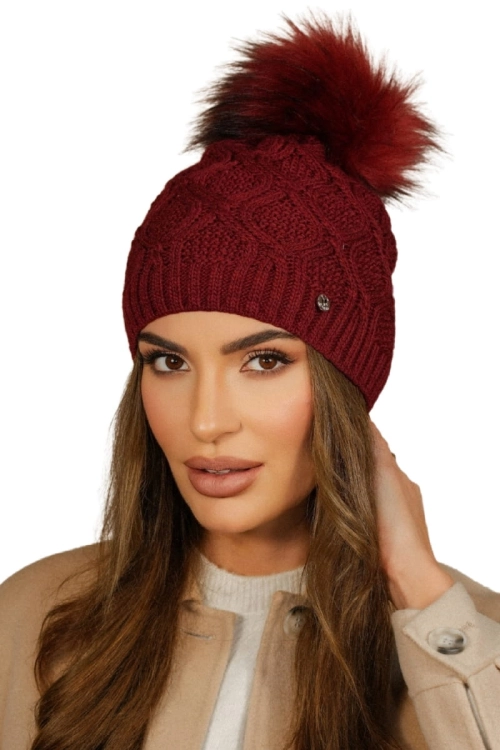 Lamis czapka damska Kamea zimowa, z pomponem, z polarową podszewką, z wełną, rozmiar uniwersalny 54–60 cm, kolor bordowy