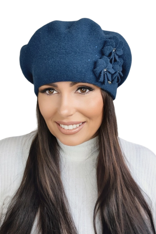 Salima beret damski Kamea zimowy, 80% wełny, rozmiar uniwersalny 54–60 cm, kolor ciemny granatowy i turkusowy