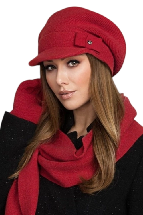 Lorena beret damski Kamea zimowy, z daszkiem, 80% wełny, rozmiar uniwersalny 54–60 cm, kolor czerwony