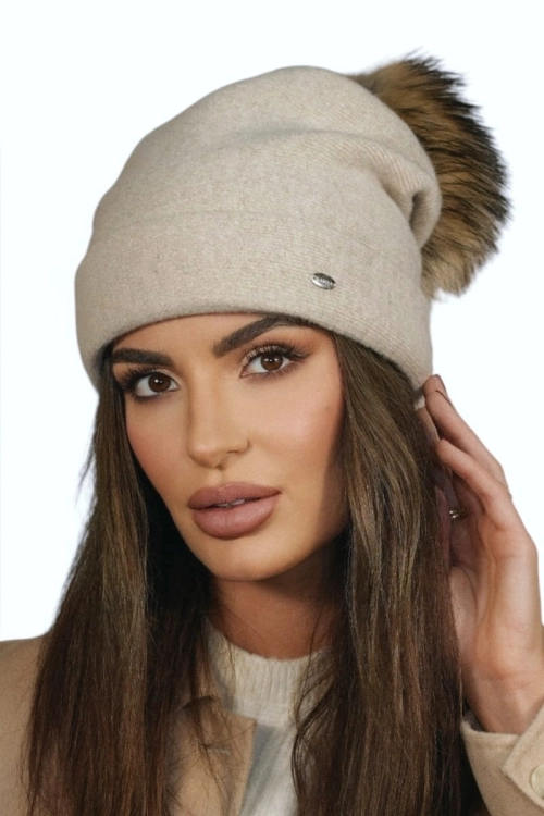 Chiru Eco Pompon czapka damska Kamea zimowa, 80% wełny, rozmiar uniwersalny 54–60 cm, kolor jasny beżowy