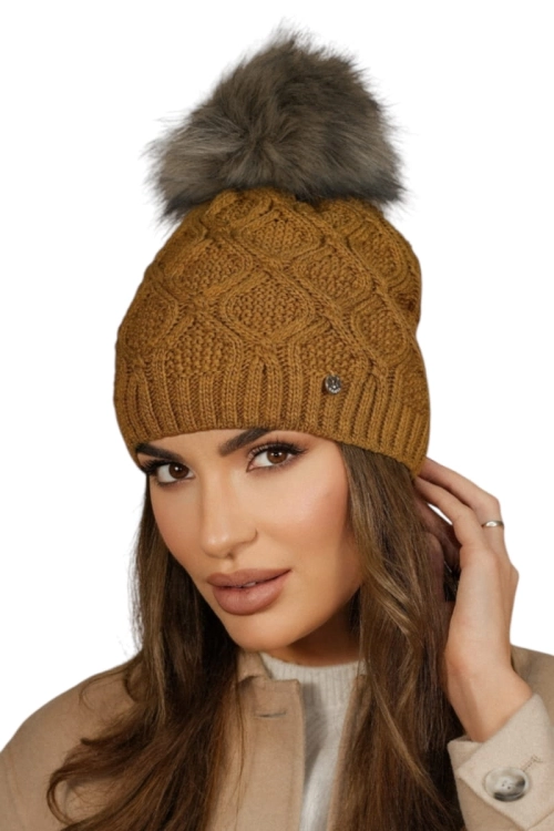 Lamis czapka damska Kamea zimowa, z pomponem, z polarową podszewką, z wełną, rozmiar uniwersalny 54–60 cm, kolor musztardowy