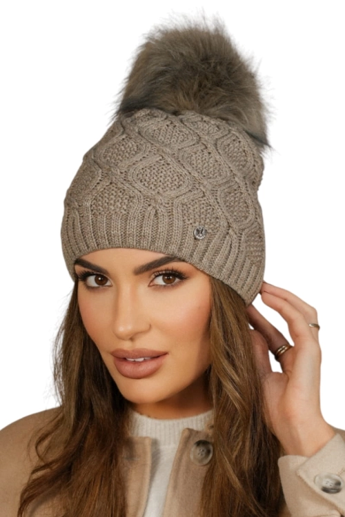 Lamis czapka damska Kamea zimowa, z pomponem, z polarową podszewką, z wełną, rozmiar uniwersalny 54–60 cm, kolor ciemny beżowy
