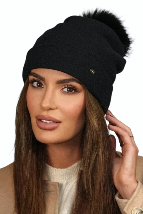 Chiru Eco Pompon czapka damska Kamea zimowa, 80% wełny, rozmiar uniwersalny 54–60 cm, kolor czarny