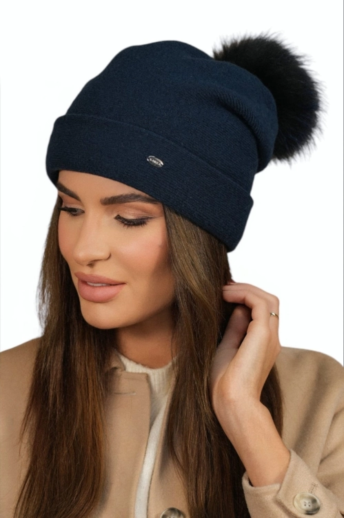 Chiru Eco Pompon czapka damska Kamea zimowa, 80% wełny, rozmiar uniwersalny 54–60 cm, kolor granatowy i turkusowy