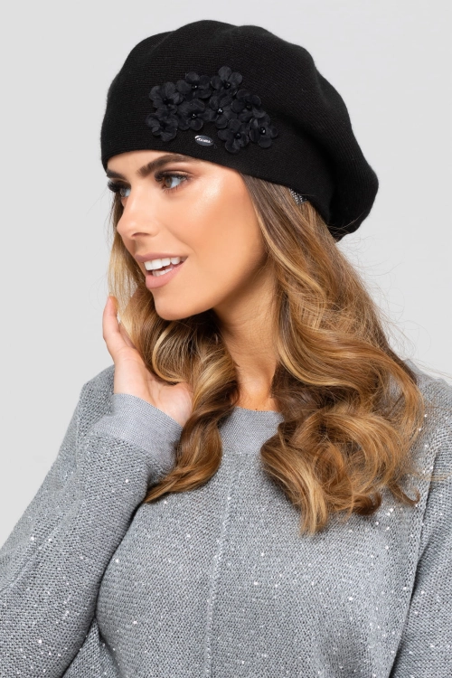 Arizona beret damski Kamea zimowy, kwiatowy motyw, z wełną, rozmiar uniwersalny 54–60 cm, kolor czarny