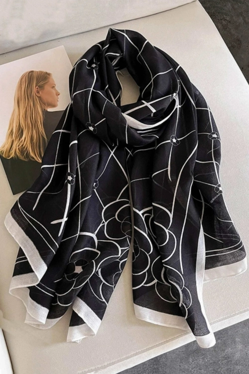 Szalik damski geometryczny wzór, 100% wiskozy, 180 × 90 cm, kolor czarny i biały