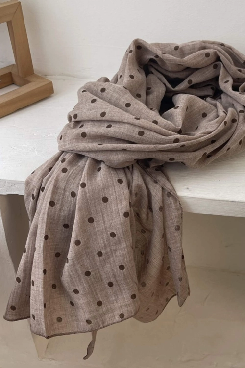 Szalik damski w groszki, 80% bawełny, 180 × 90 cm, kolor brązowy
