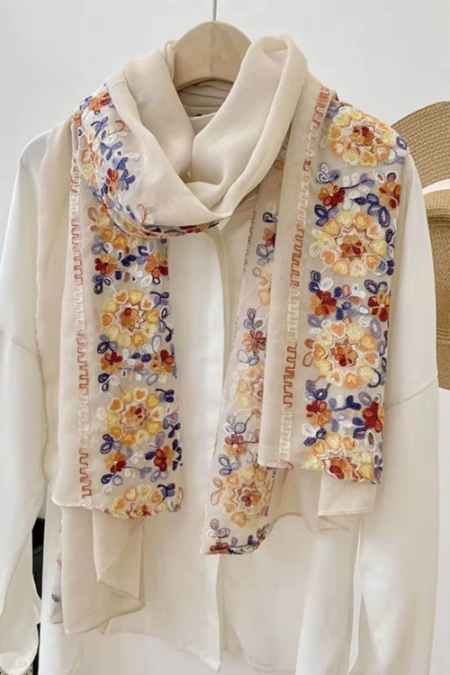 Szalik damski z haftem, kwiatowy motyw, 50% bawełny, 180 × 90 cm, kolor beżowy