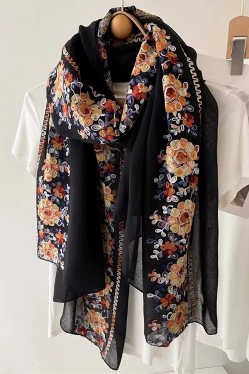 Szalik damski z haftem, kwiatowy motyw, 50% bawełny, 180 × 90 cm, kolor czarny