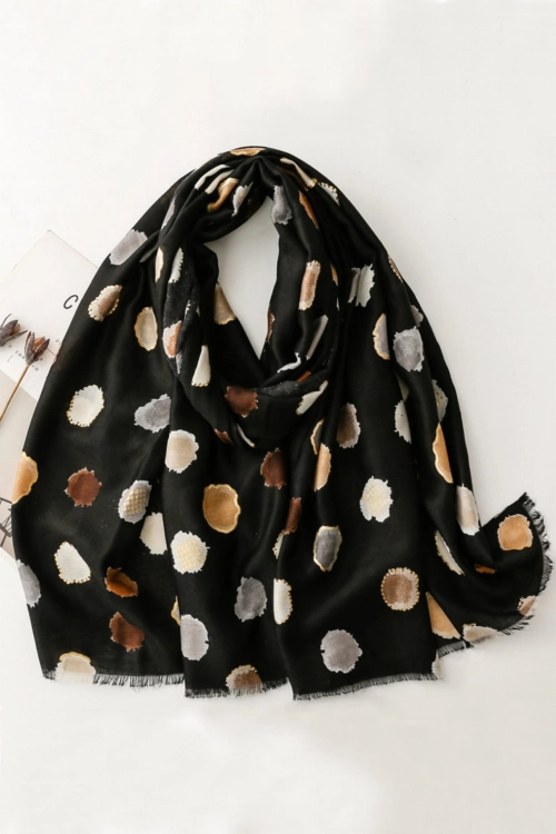 Szalik damski w groszki, 50% bawełny, 180 × 90 cm, kolor czarny i beżowy