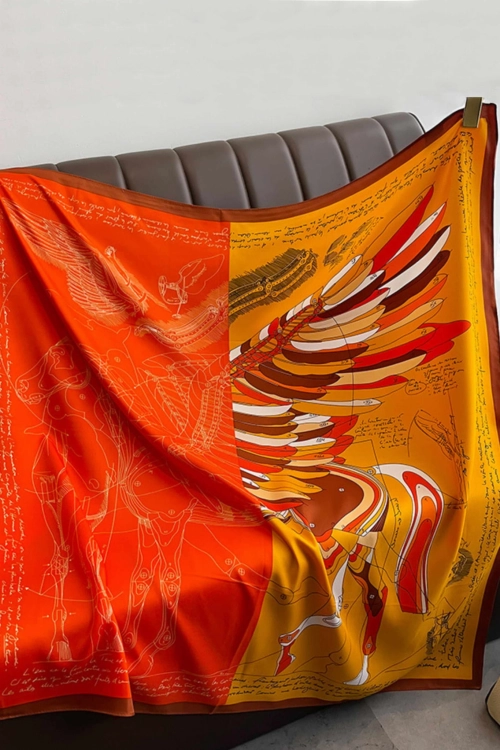 Apaszka damska jedwabiste wykończenie motyw skrzydeł,  90 × 90 cm, kolor pomarańczowy i złoty