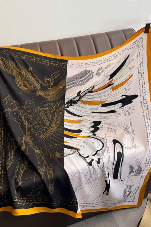 Apaszka damska jedwabiste wykończenie motyw skrzydeł,  90 × 90 cm, kolor czarny i ekru i żółty