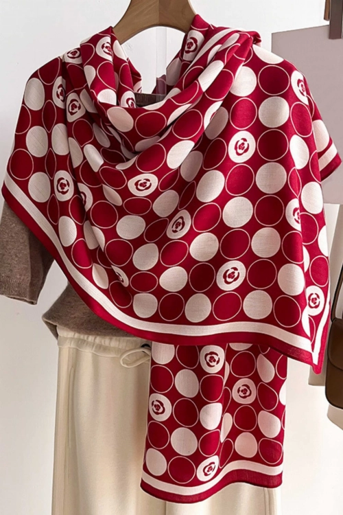 Szalik damski w groszki, kwiatowy motyw, 100% wiskozy, 178 × 66 cm, kolor czerwony i biały