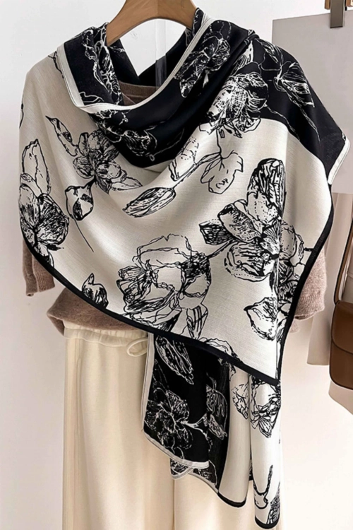 Szalik damski kwiatowy motyw, 100% wiskozy, 178 × 66 cm, kolor czarny i ekru
