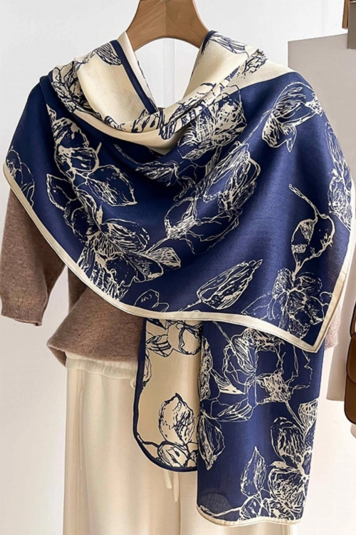 Szalik damski kwiatowy motyw, 100% wiskozy, 178 × 66 cm, kolor granatowy i beżowy