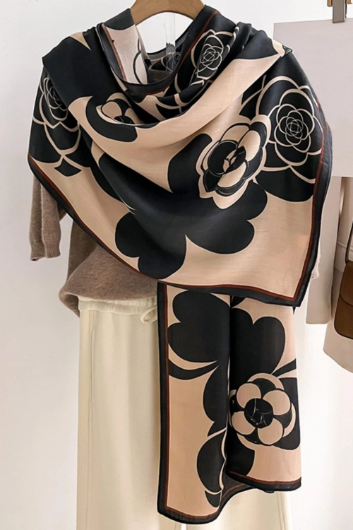 Szalik damski kwiatowy motyw, 100% wiskozy, 178 × 66 cm, kolor beżowy i czarny