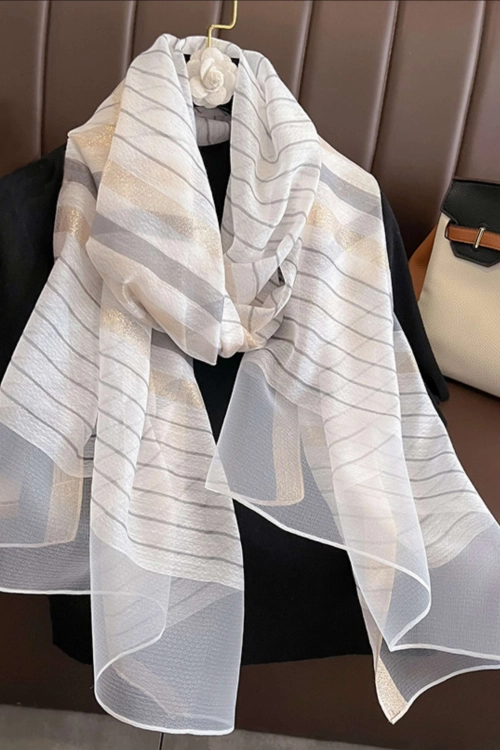 Szalik damski w paski, 60% wełny, 180 × 90 cm, kolor kremowy
