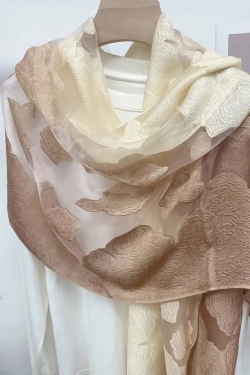 Szalik damski, 60% jedwabiu, 180 × 70 cm, kolor beżowy i kremowy