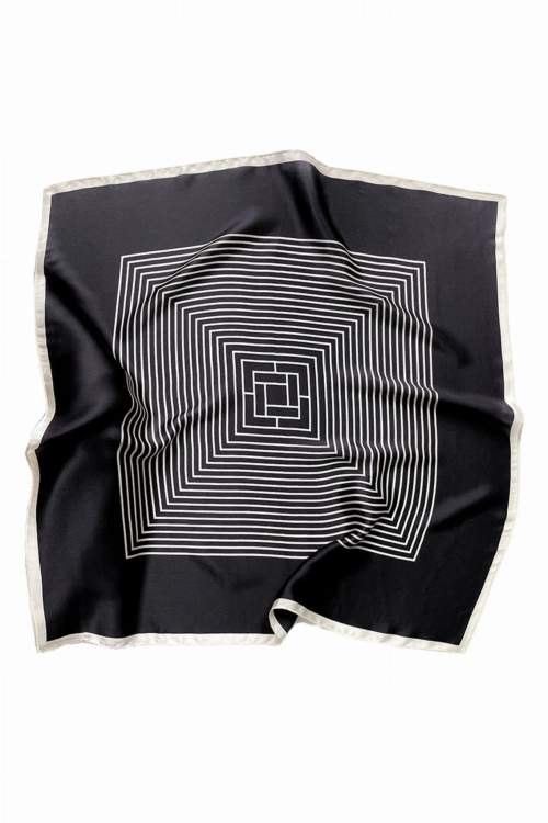 Apaszka damska geometryczny wzór, 100% jedwabiu, 70 × 70 cm, kolor czarny i biały