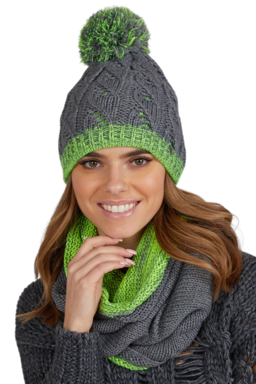 Catrina czapka damska Kamea zimowa, z pomponem, 70% wełny, rozmiar uniwersalny 54–60 cm, kolor szary i zielony