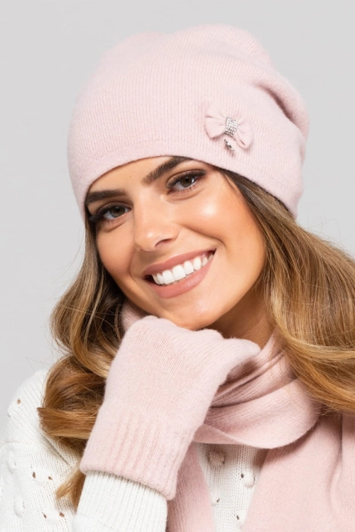 Floryda czapka damska Kamea zimowa, z kokardą, 80% wełny, rozmiar uniwersalny 54–60 cm, kolor różowy