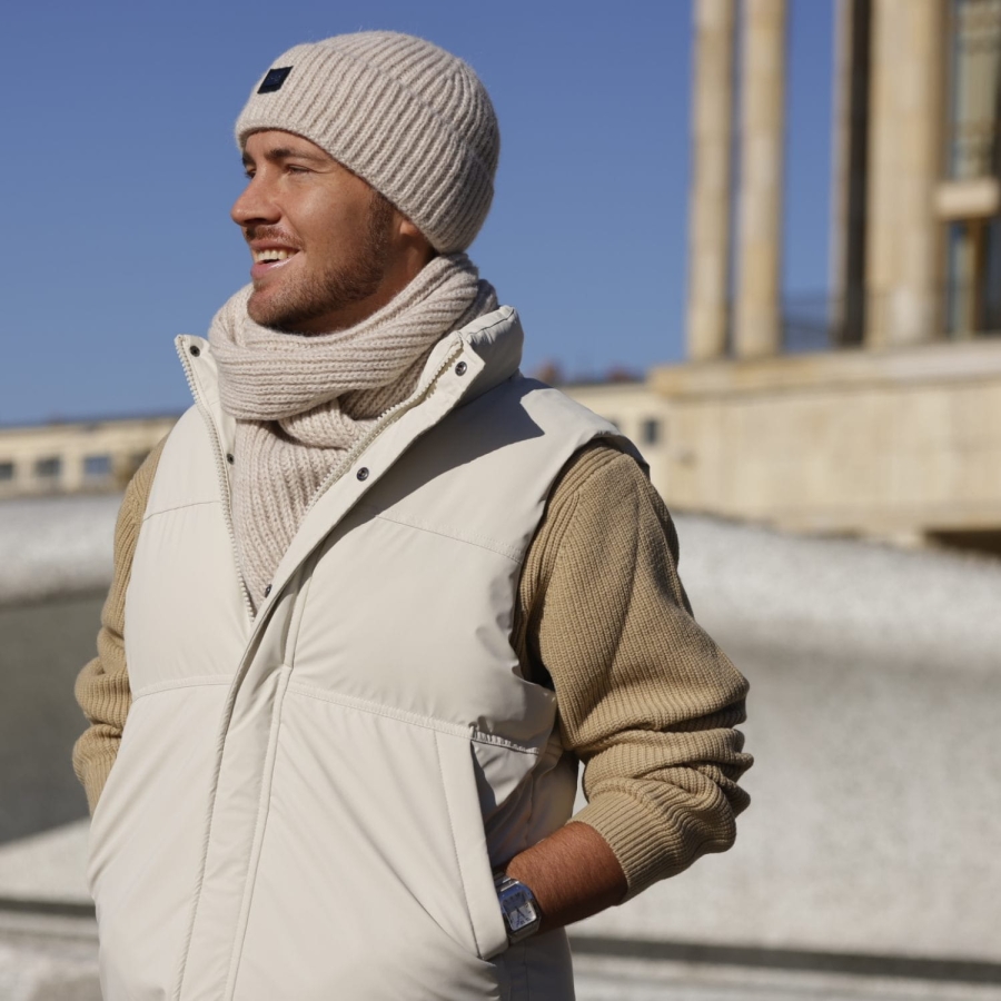 MARTIN-03 komplet czapka szalik beż 85% akryl 15% wełna; beżowy zestaw męski jesień zima