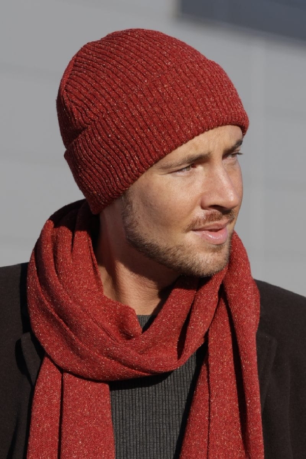 PATRICK-27 Czapka męska ruda, drobny prążek z mankietem, widok z przodu