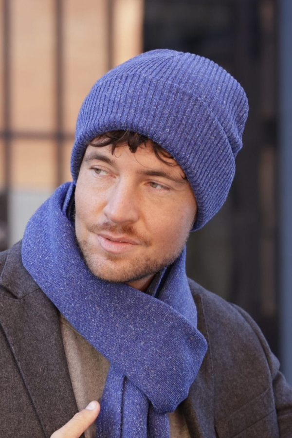 PATRICK-17 Czapka męska niebieska, splot drobny prążek z mankietem, widok z przodu