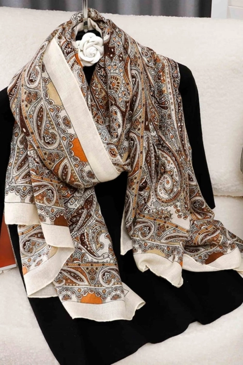 Szalik damski orientalny motyw, 100% wiskozy, 180 × 85 cm, kolor ekru