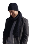 ben-12 Komplet BEN — granatowa czapka bez podszewki i prążkowany szalik, widok z boku