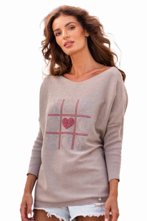 Sw-Xoxo sweter damski Kamea, 50% bawełny, rozmiar uniwersalny, kolor ciemny beżowy