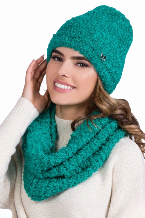 Nimfa-Komplet damski: czapka i komin Kamea zimowy, buklowy splot, z polarową podszewką, z moherem i wełną, tuba 33 × 44 cm, kolor turkusowy