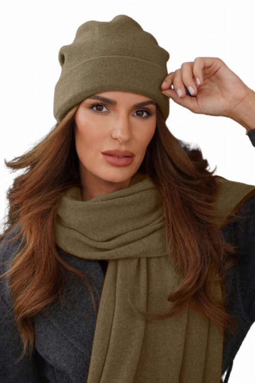 Krokus czapka damska Kamea zimowa, 80% wełny, rozmiar uniwersalny 54–60 cm, kolor khaki