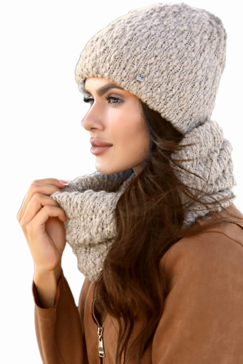 Lamia-Komplet damski: czapka i komin Kamea zimowy, 76% wełny, tuba 30 × 38 cm, kolor beżowy