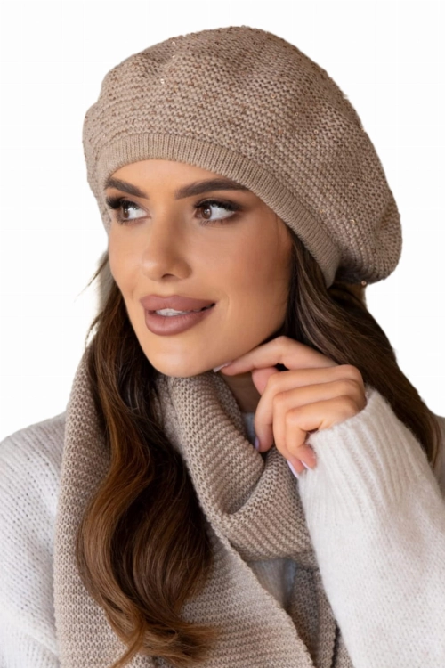 Piwonia beret damski Kamea zimowy, z cekinami, motyw piwonii, z polarową podszewką, z wełną, rozmiar uniwersalny 54–60 cm, kolor ciemny beżowy