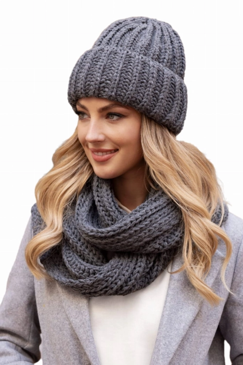 Landa Komplet damski: czapka i komin Kamea zimowy, z polarową podszewką, 50% wełny, ósemka 75 × 26 cm, kolor grafitowy