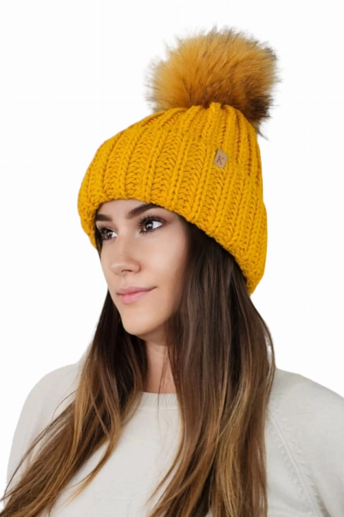 Nerea czapka unisex Kamea zimowa, gruby splot, z polarową podszewką, 50% wełny, rozmiar uniwersalny 54–60 cm, kolor musztardowy