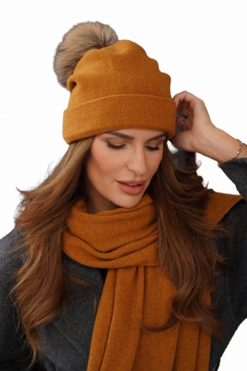 Chiru Eco Pompon czapka damska Kamea zimowa, 80% wełny, rozmiar uniwersalny 54–60 cm, kolor musztardowy