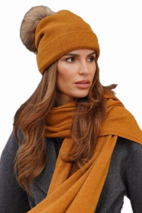 Chiru Pompon Naturalny czapka damska Kamea zimowa, 80% wełny, rozmiar uniwersalny 54–60 cm, kolor musztardowy