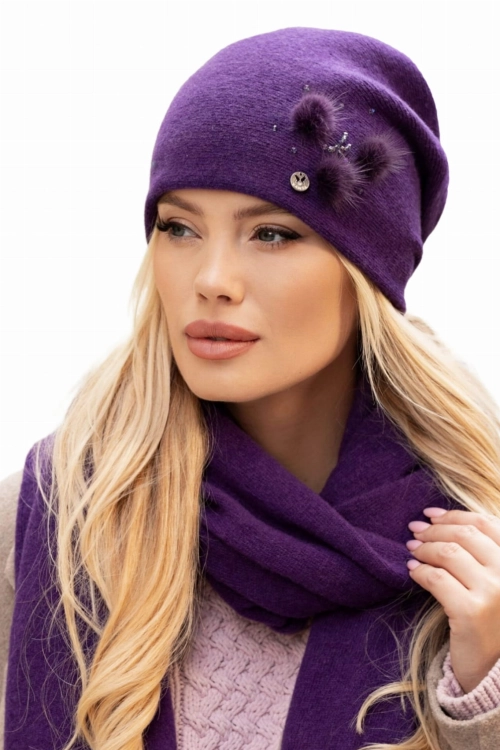 Onyks czapka damska Kamea zimowa, 80% wełny, rozmiar uniwersalny 54–60 cm, kolor fioletowy