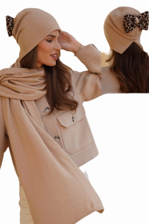 Kiku czapka damska Kamea zimowa, z kokardą w panterkę, 80% wełny, rozmiar uniwersalny 54–60 cm, kolor camel