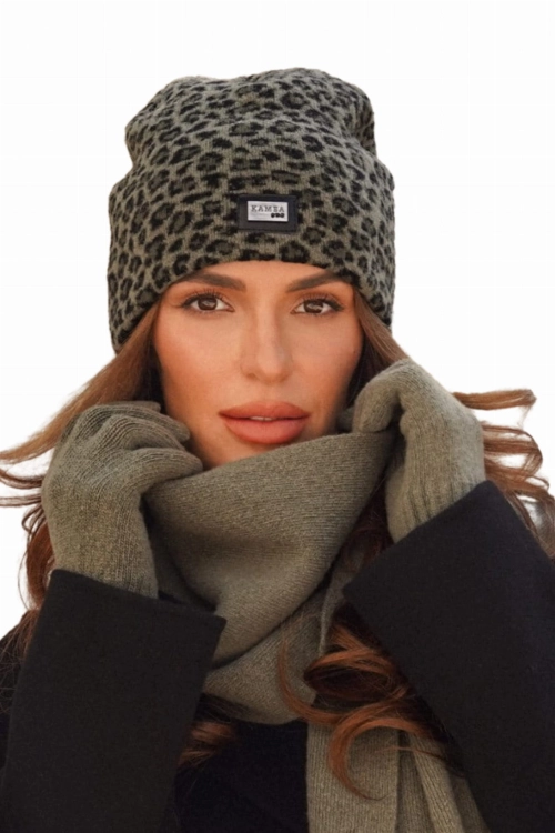 Panji czapka damska Kamea zimowa, z logo, w panterkę, 80% wełny, rozmiar uniwersalny 54–60 cm, kolor khaki